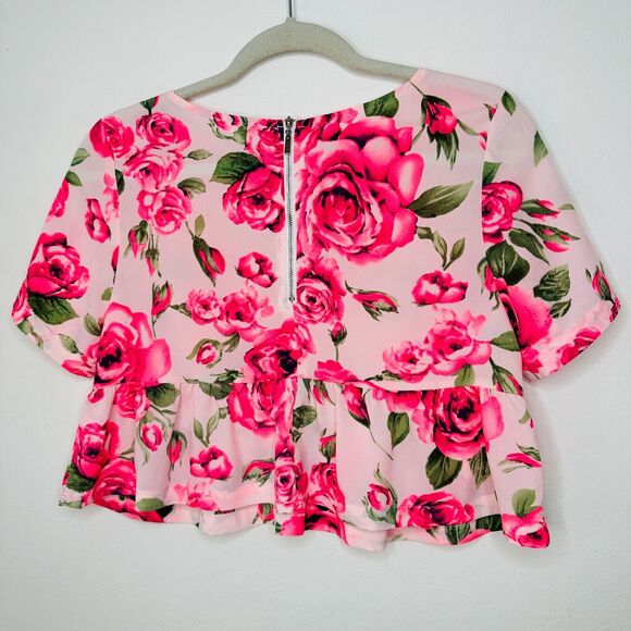 May & July Hot Pink and Green Floral Rose Short Sleeve Peplum Crop Blouse S - Picture 4 of 11